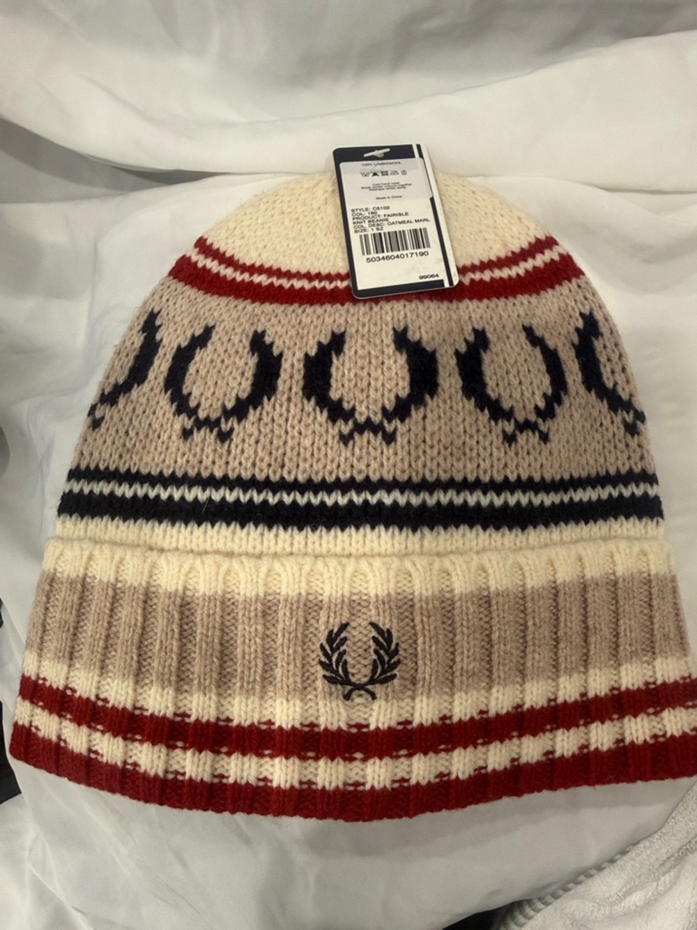 Fred Perry Cream, Beige, Navy & Red Striped Knit Beanie